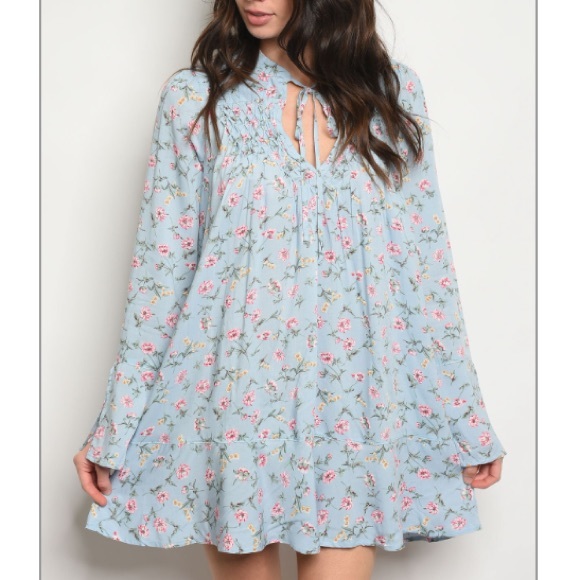 Pale blue floral dress w/high-neck tie - Picture 3 of 8